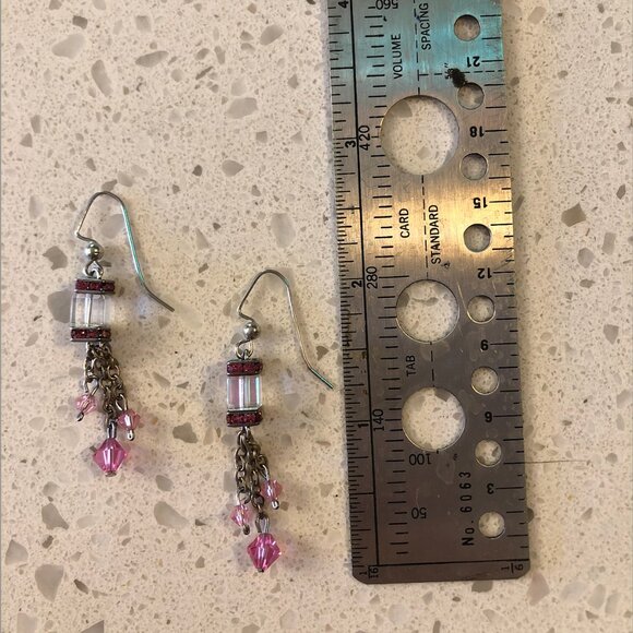 Handmade Pink Crystal Dangle Earrings - Picture 2 of 2